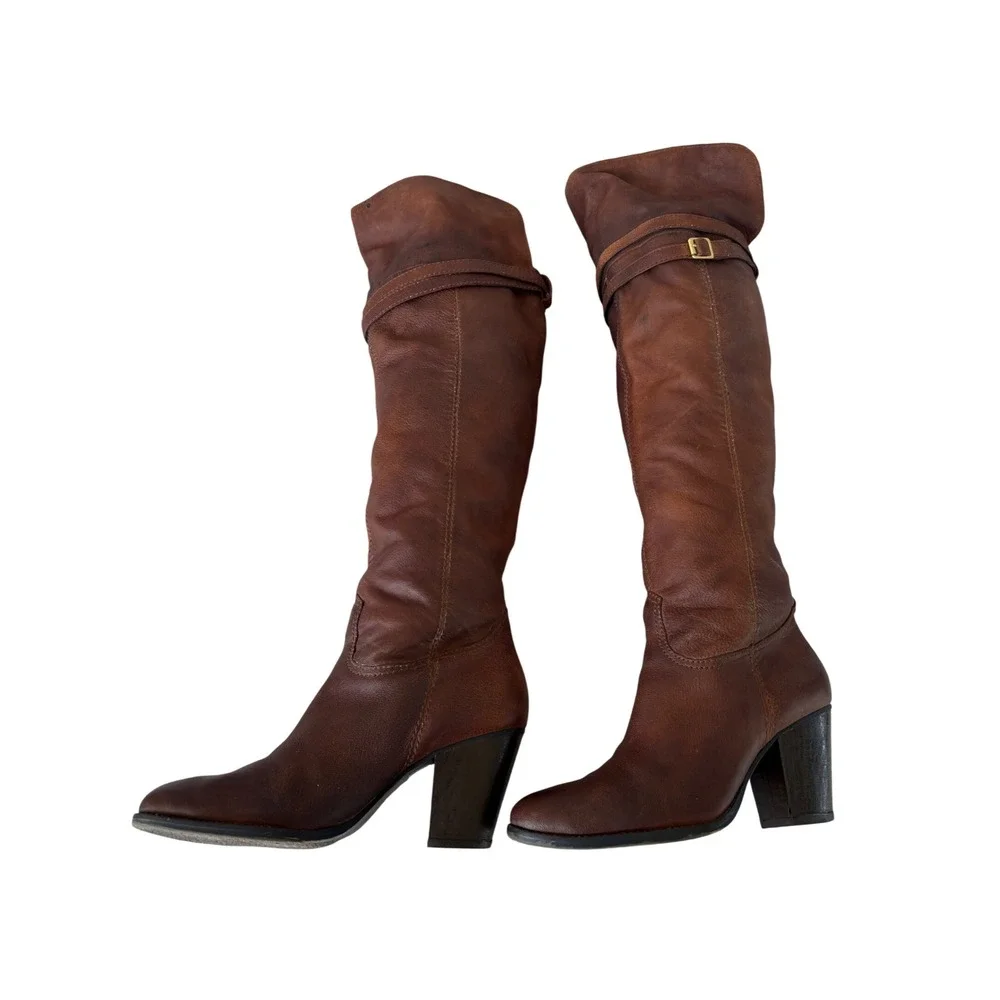 Vince Camuto Tall Boots Womens 8 Brown Excellent Leather Buckle Block Heel